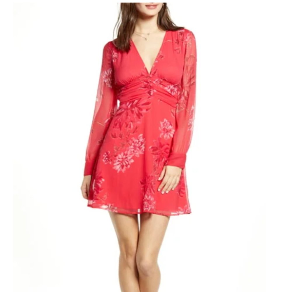 Leith Red Floral Shirred Waist Long Sleeve Dress in Size Medium